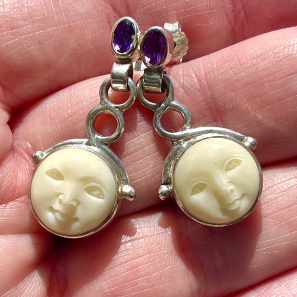 Sajen Jewelry - Vintage Sajen Carved Moon Goddess Face and Faceted Amethyst Dangle Earrings